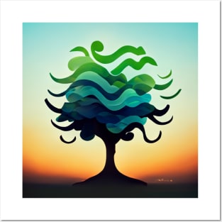 Solitary stylized tree at sunset with green and blue leaves. Posters and Art